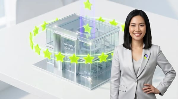 A confident professional woman in a grey suit standing next to a futuristic 3D model of a clinic being automatically populated with glowing green five-star reviews.